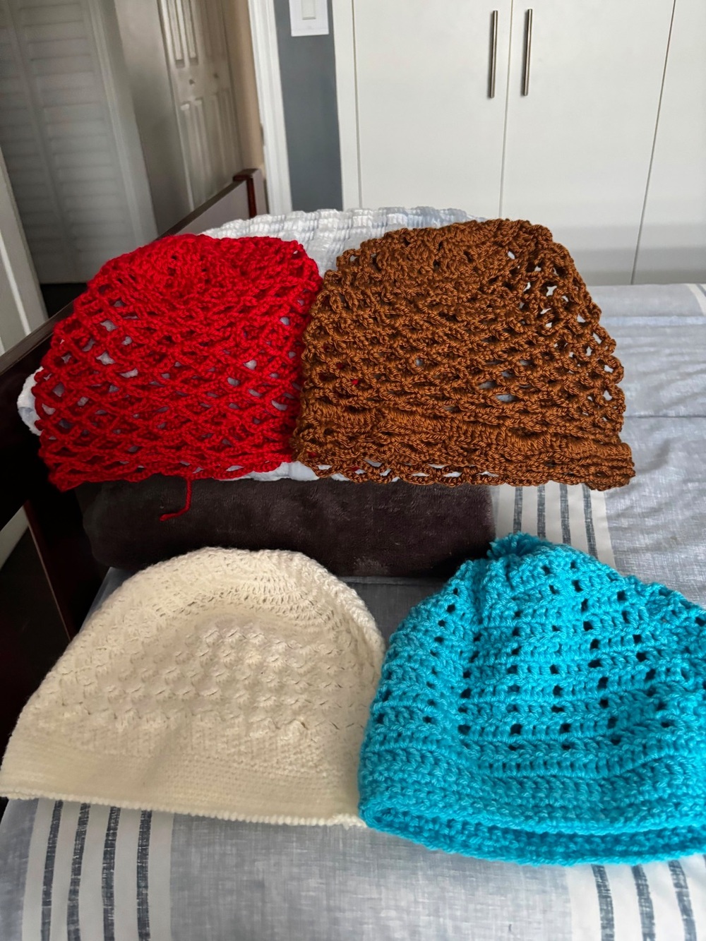 Handmade Crochet Beanie Hat - Red, Brown, Cream, Turquoise